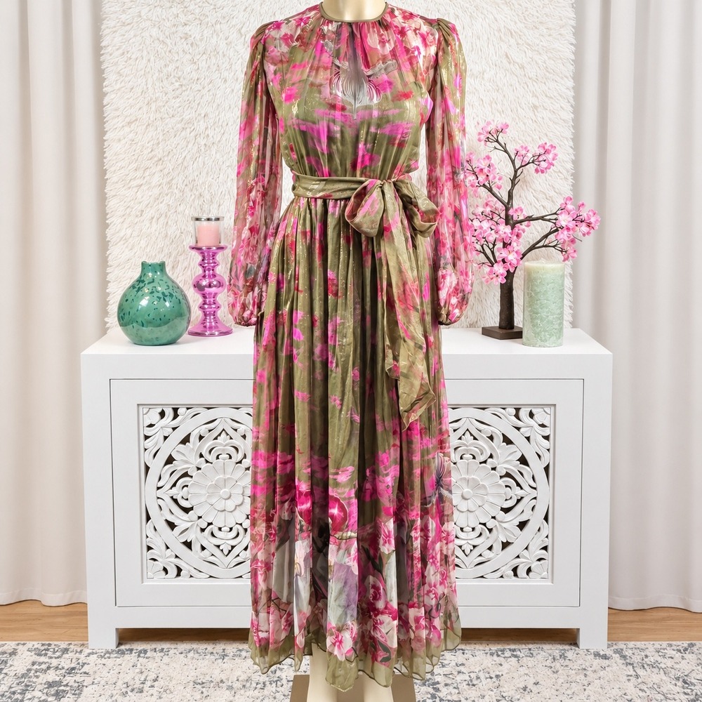 Handmade Floral Metallic Chiffon Maxi Dress XS XXS Cottagecore Formal